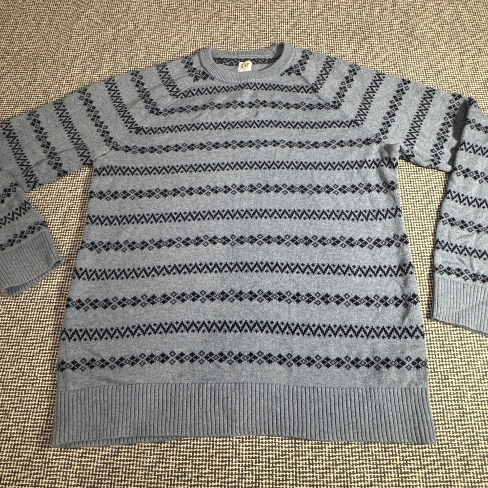 Gap Mens Blue Fair Isle Crew Neck Raglan Sleeve Knit Pullover Sweater Size Large